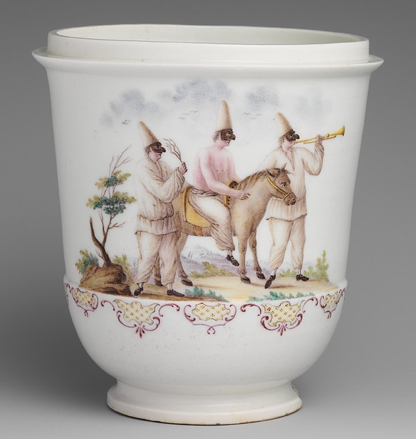 Capodimonte porcelain jar with three figures of Pulcinella, Naples, Italy, 1745-50.