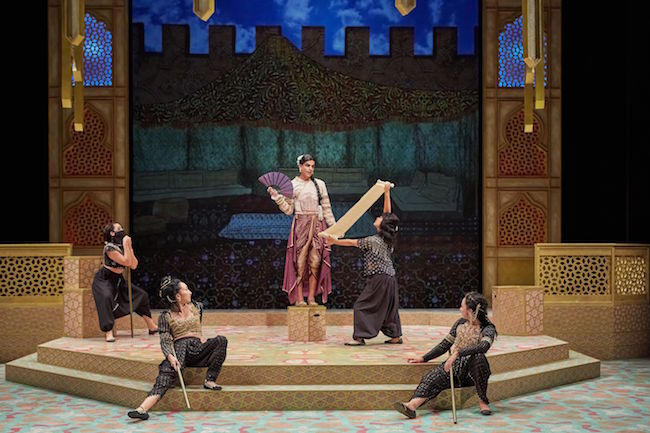 Salima and the all-female guard in a scene from the premier of 'House of Joy' at the Repertory Theatre of St. Louis, photo by Eric Woosley.