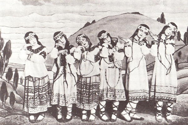 Dancers in Nicholas Roerich's original costumes. Scanned from First Nights: Five Musical Premieres by Thomas F. Kelly. Yale University Press, New Haven 2000. Originally published in London, 1913, in the magazine The Sketch, Public Domain