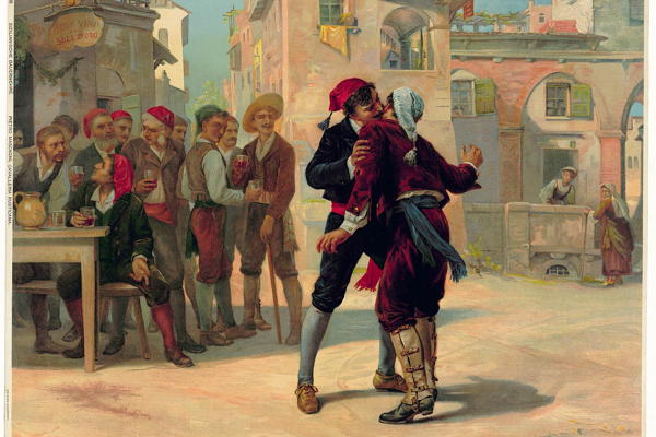 Scene from near the end of the opera, where Alfio and Turiddu embrace as part of the ceremony before their duel. Anonymous, attributed to Rauzzini;[1] probably actually Luigi Morgari[2] restored by Adam Cuerden - Gallica
