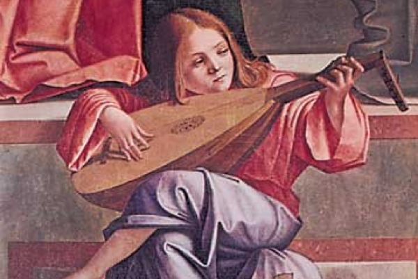 Angel playing a lute, from “Presentation in the Temple,” painted altarpiece by Vittore Carpaccio, 1510; in the Accademia, Venice