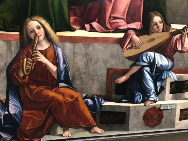 Angels playing crumhorn and lute, from “Presentation in the Temple,” painted altarpiece by Vittore Carpaccio, 1510; in the Accademia, Venice