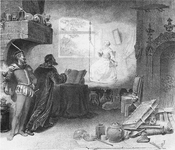 Mephistopheles shows Faust Marguerite at her spinning wheel.