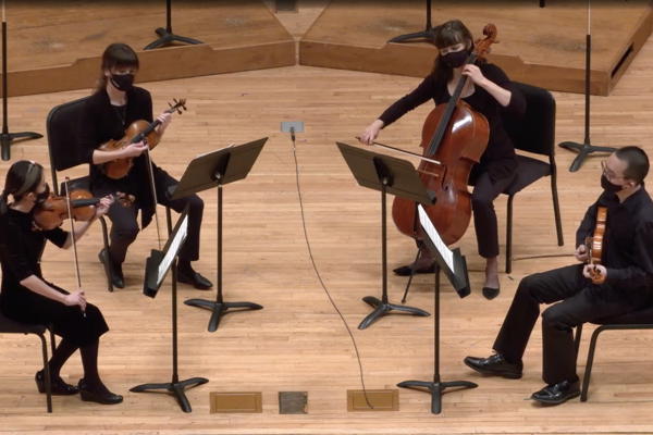 L-R: Xiaoxiao Qiang, Andrea Jarrett, Jennifer Humphreys, Jonathan Chu in "Strum" at Powell Hall in 2020. Photo courtesy of the SLSO.