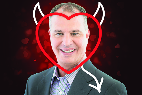 Man looking staring directly at viewer with a heart and devil horns superimposed over his face.